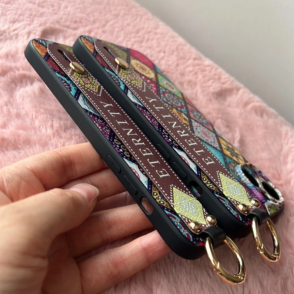 For iPhone 14 plus,14 pro max phone case with wrist strap kickstand keychain
